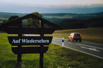 A sign that reads 'Auf Wiedersehen'.