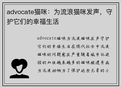 advocate猫咪：为流浪猫咪发声，守护它们的幸福生活